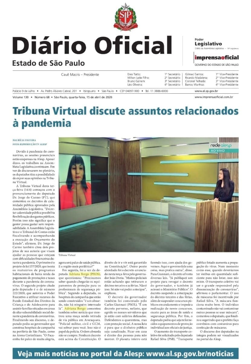 Adriana Borgo - Na Midia - Diario Oficial do Estado de SP - 15 de abril de 2020