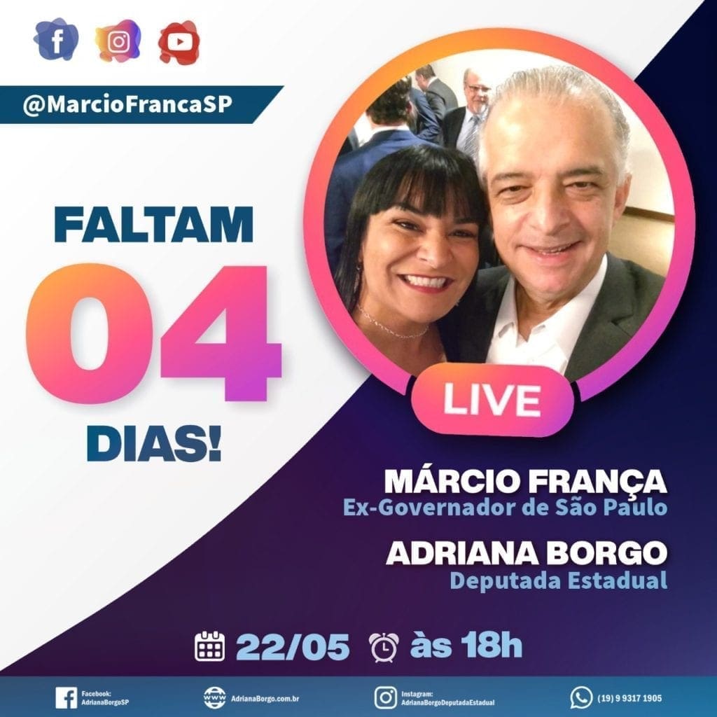 NÃO PERCAM! LIVE com o nosso EX-GOVERNADOR E PRÉ-CANDIDATO à Prefeitura de São Paulo, MÁRCIO FRANÇA e a DEPUTADA ADRIANA BORGO Deputada Estadual PARTICIPEM! #ALutaMudaALei #MárcioFrança