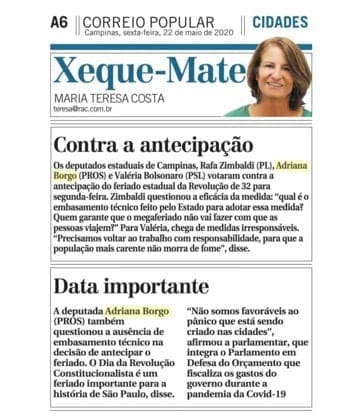 Adriana Borgo - Na Midia - Correio Popular - Campinas - 22 de maio de 2020